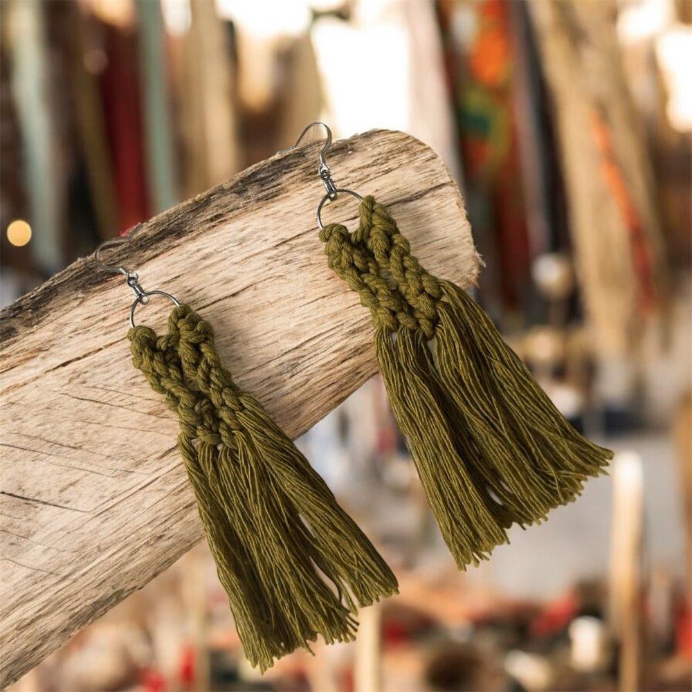 Fall Macrame Handmade Boho Fringe Statement Dangle Earrings Olive Green
